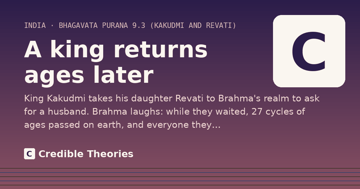 A king returns ages later: King Kakudmi takes his daughter Revati to Brahma's realm to ask for a husband. Brahma laughs: while they…