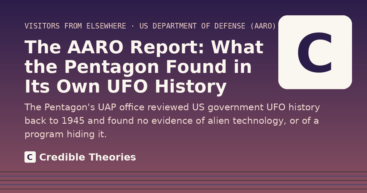 Title card: The AARO Report: What the Pentagon Found in Its Own UFO History, from Credible Theories