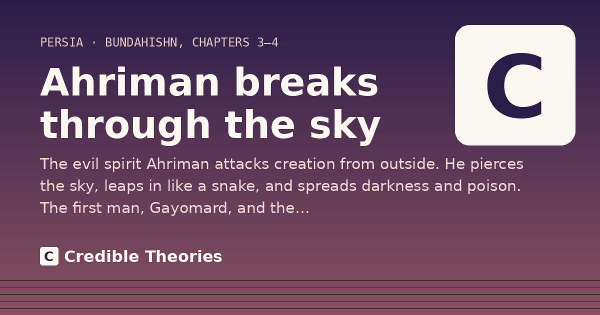 Ahriman breaks through the sky: The evil spirit Ahriman attacks creation from outside. He pierces the sky, leaps in like a snake, and…