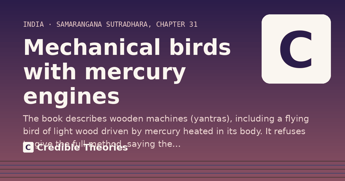 Mechanical birds with mercury engines: The book describes wooden machines (yantras), including a flying bird of light wood driven by mercury heated…