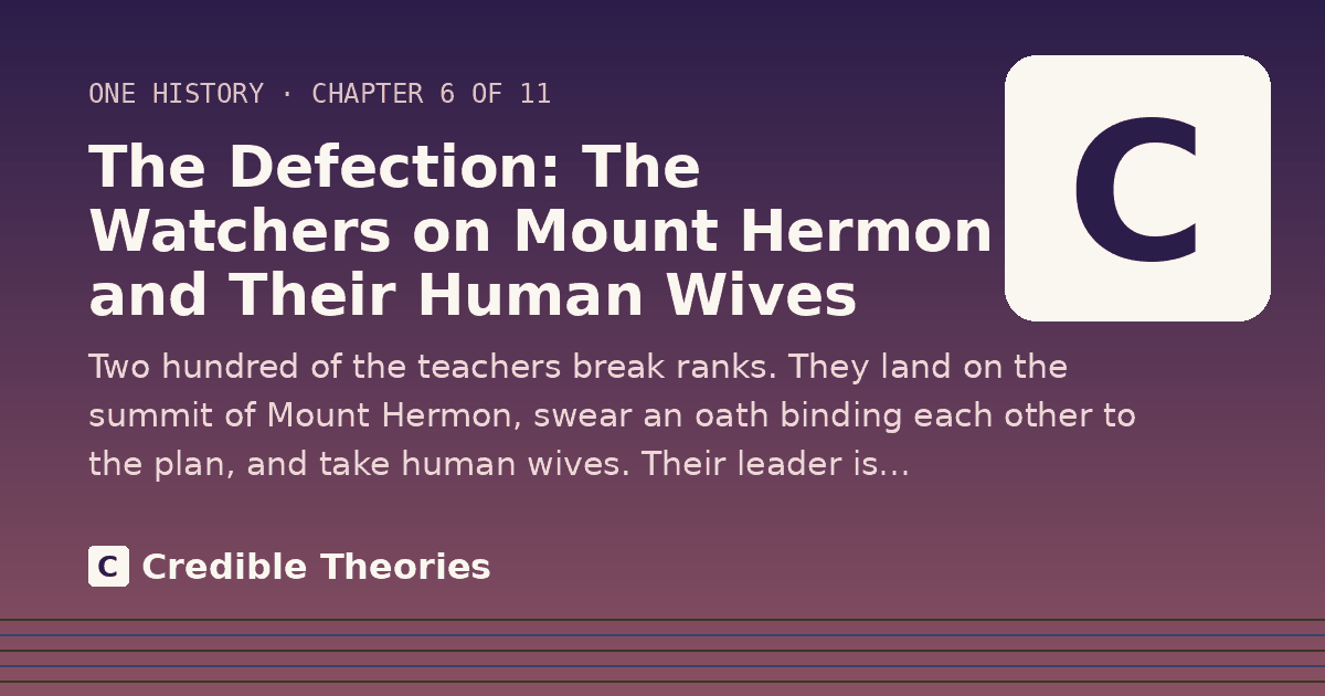 Title card: The Defection: The Watchers on Mount Hermon and Their Human Wives, from Credible Theories
