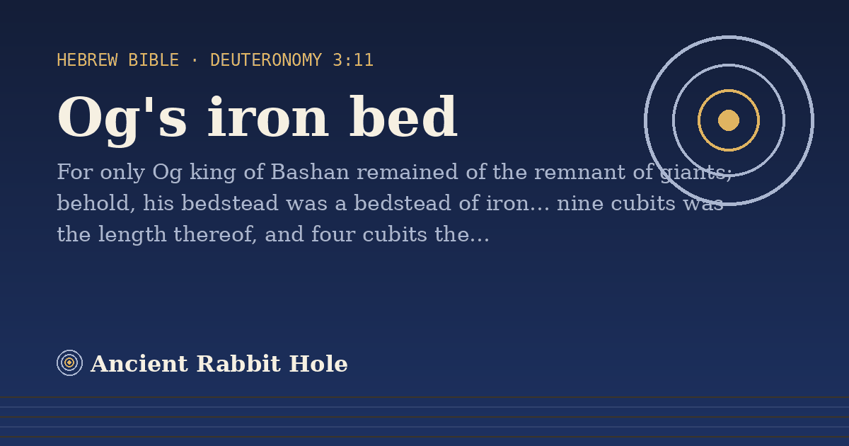 Og's iron bed: For only Og king of Bashan remained of the remnant of giants; behold, his bedstead was a bedstead of iron……